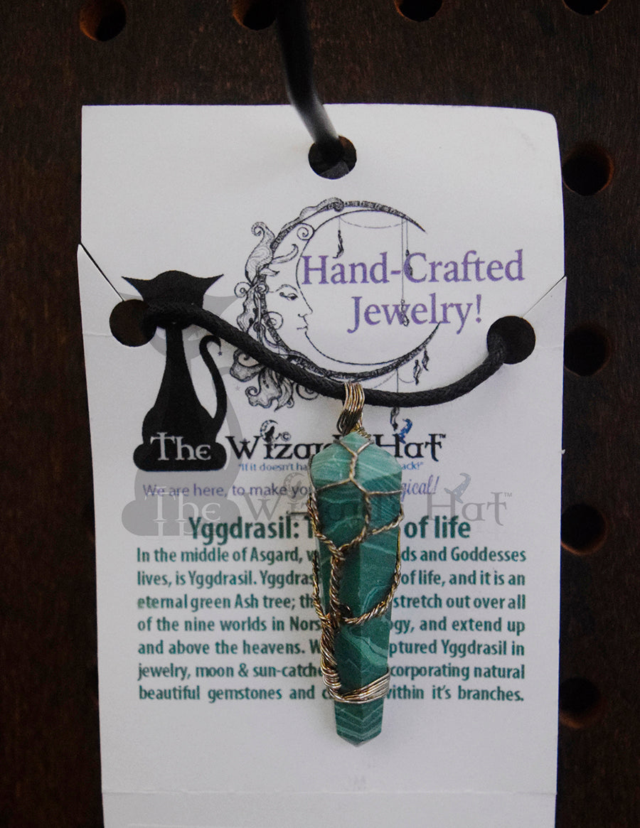 Handcrafted Natural Malachite Crystal Point Necklace, Yggdrasil Tree of Life wrapping