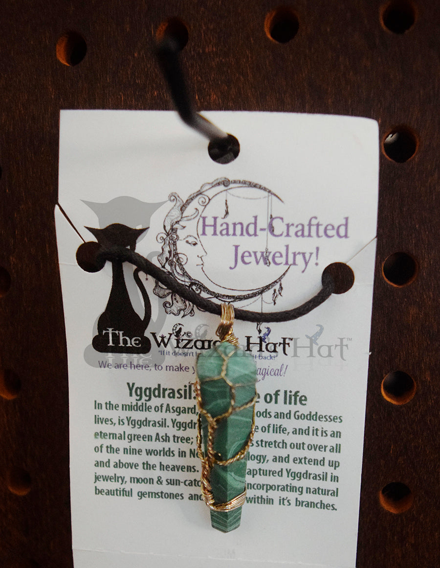 Handcrafted Natural Malachite Crystal Point Necklace, Yggdrasil Tree of Life wrapping
