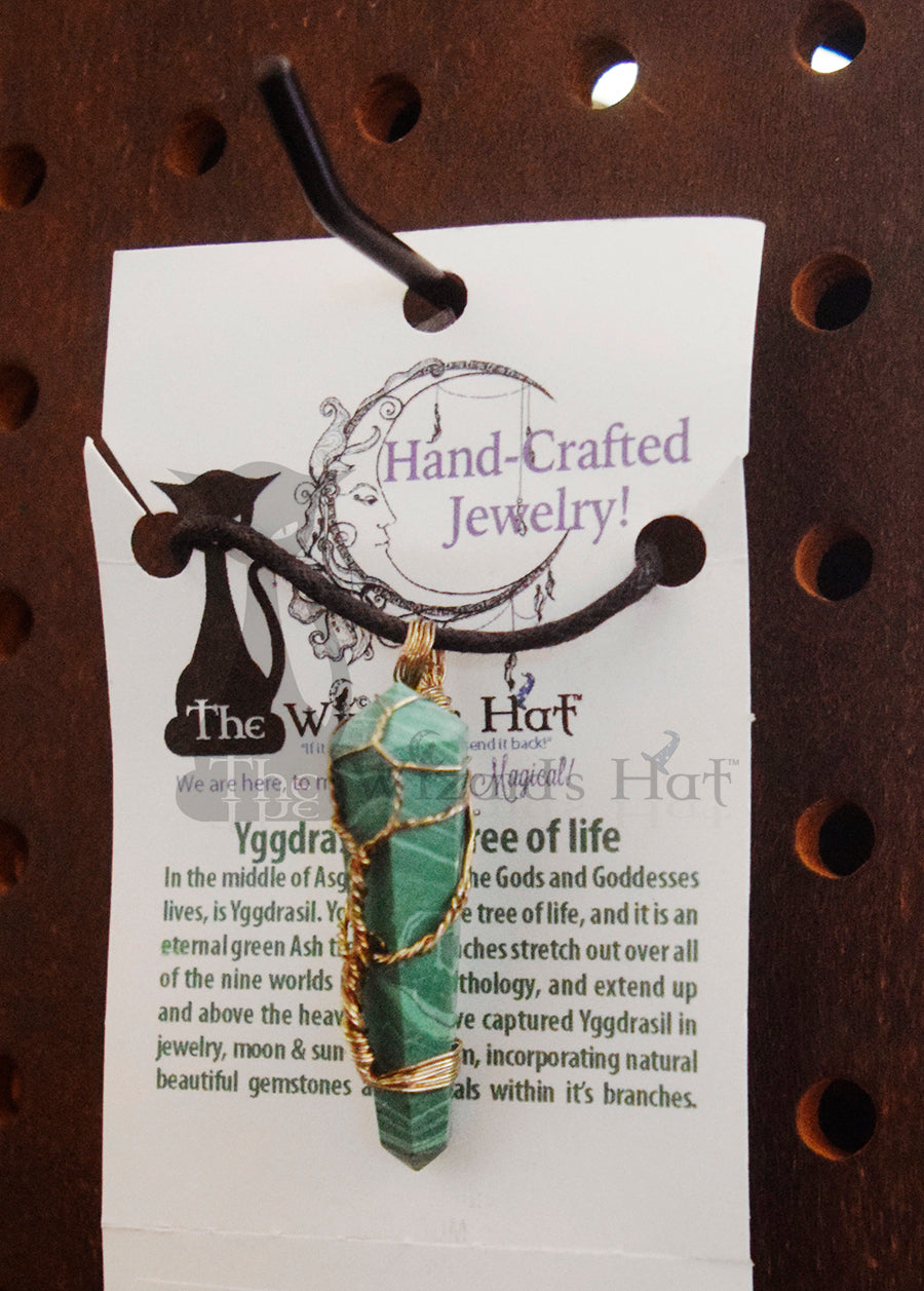Handcrafted Natural Malachite Crystal Point Necklace, Yggdrasil Tree of Life wrapping
