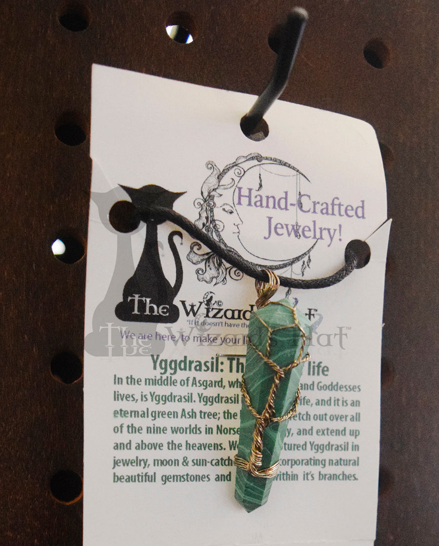 Handcrafted Natural Malachite Crystal Point Necklace, Yggdrasil Tree of Life wrapping