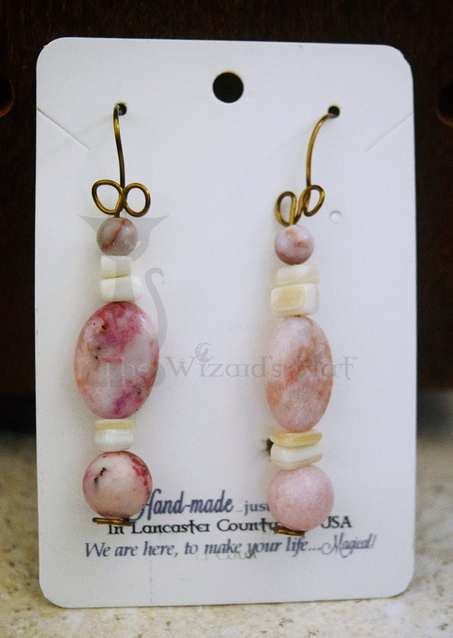 Elegant Handcrafted Pink Onyx and Mother of Pearl Teardrop Earrings