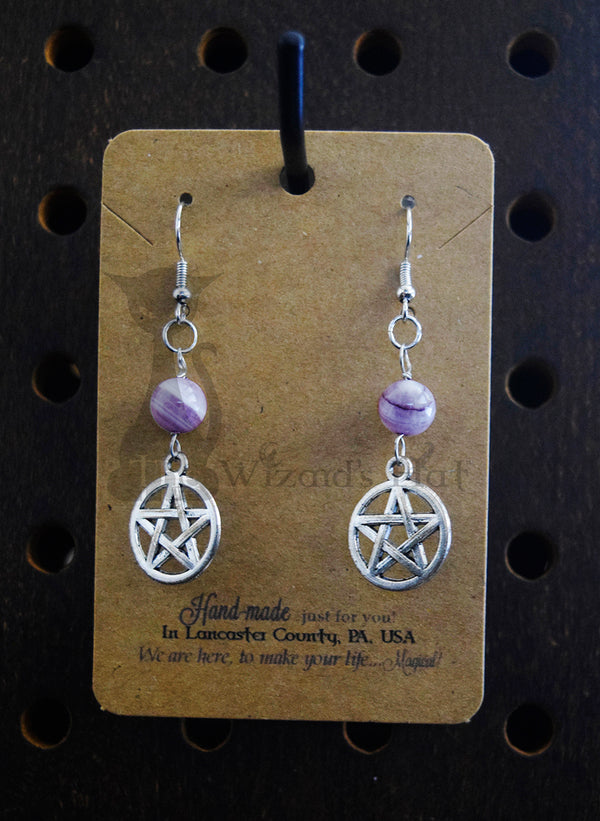 Small Handcrafted Pentagram Earrings 6MM Round Natural Amethyst Gemstones