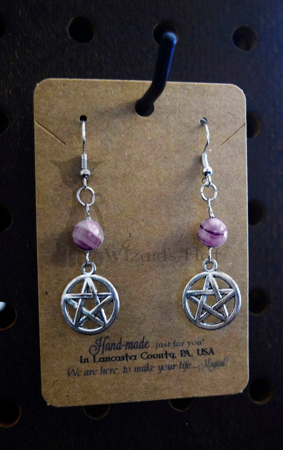 Small Handcrafted Pentagram Earrings 6MM Round Natural Amethyst Gemstones