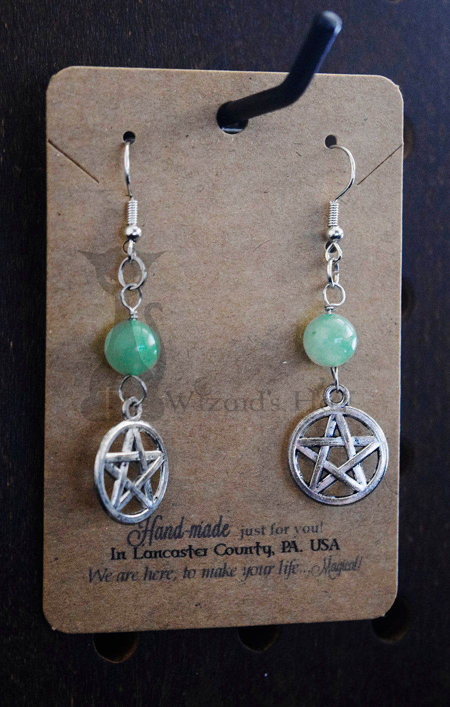 Small Handcrafted Pentagram Earrings, 6MM Round Natural Green Aventurine