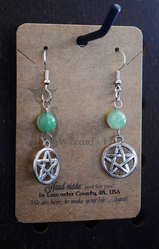Small Handcrafted Pentagram Earrings, 6MM Round Natural Green Aventurine