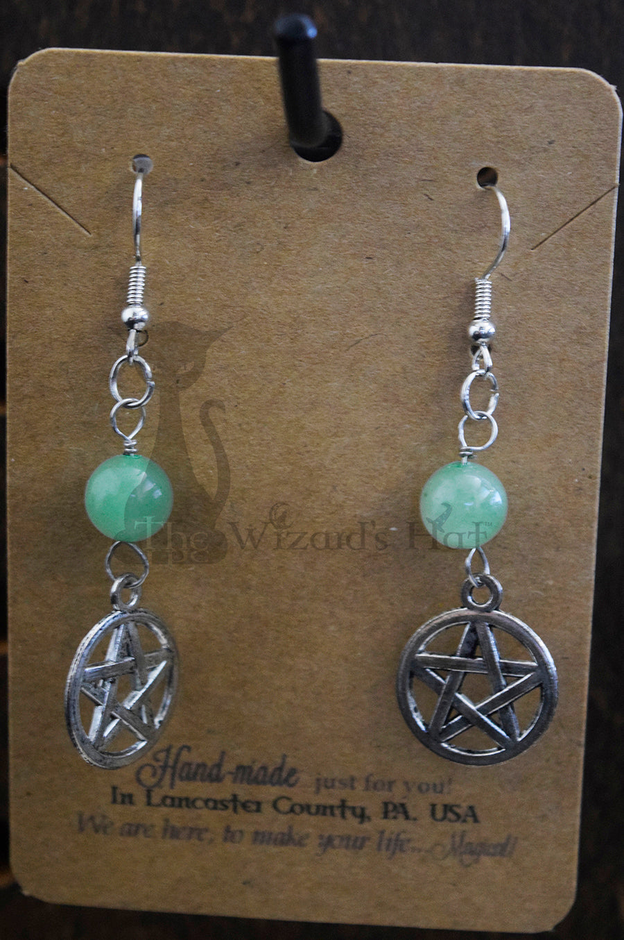 Small Handcrafted Pentagram Earrings, 6MM Round Natural Green Aventurine