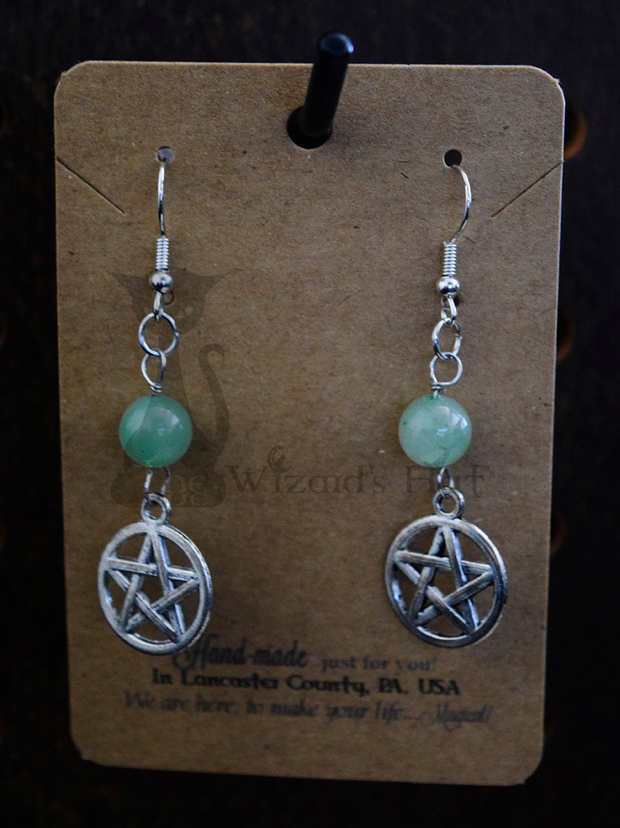 Small Handcrafted Pentagram Earrings, 6MM Round Natural Green Aventurine
