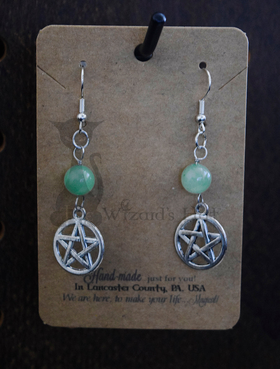 Small Handcrafted Pentagram Earrings, 6MM Round Natural Green Aventurine