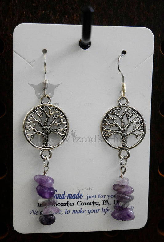 Small Silvertone Yggdrasil Tree of Life Drop Earrings with Amethyst Stone Chips
