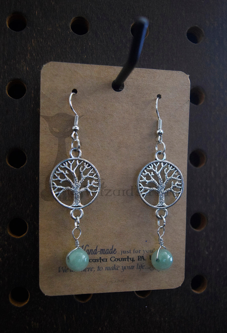 Small Silvertone Yggdrasil Tree of Life Earrings with 8mm Round Aventurine Gemstone Drops