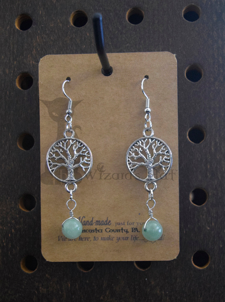 Small Silvertone Yggdrasil Tree of Life Earrings with 8mm Round Aventurine Gemstone Drops