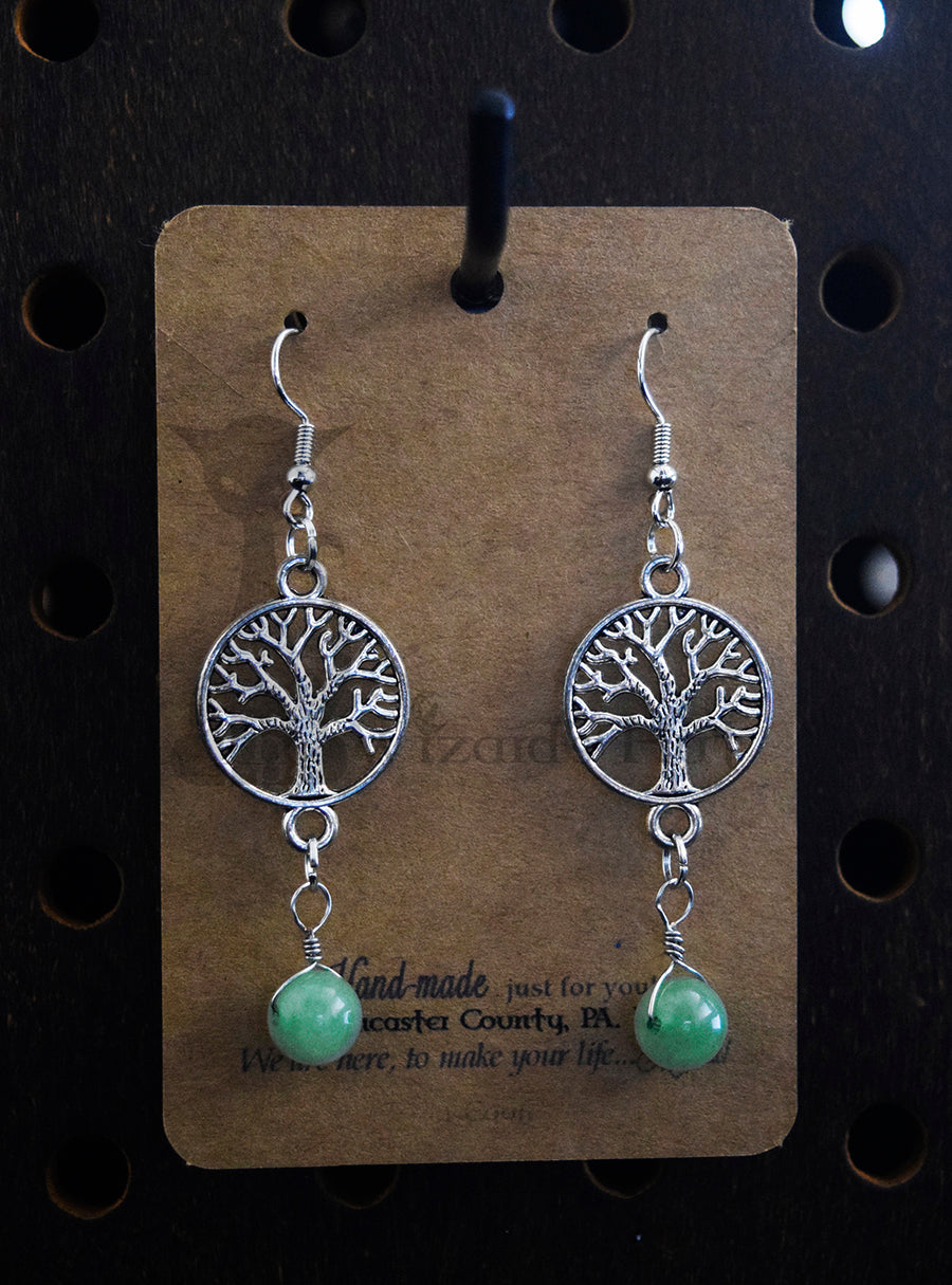 Small Silvertone Yggdrasil Tree of Life Earrings with 8mm Round Aventurine Gemstone Drops