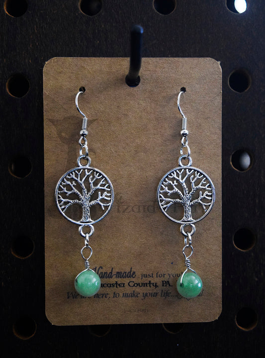 Small Silvertone Yggdrasil Tree of Life Earrings with 8mm Round Aventurine Gemstone Drops