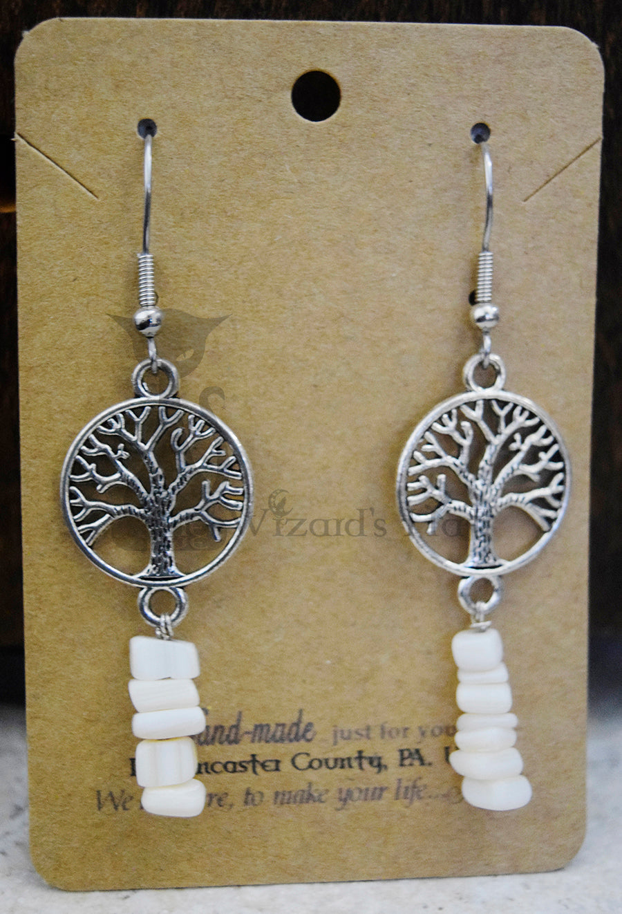 Small Silvertone Yggdrasil Tree of Life and Mother of Pearl Stone Chip Drop Earrings
