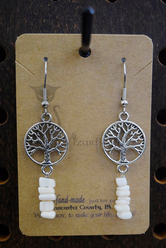 Small Silvertone Yggdrasil Tree of Life and Mother of Pearl Stone Chip Drop Earrings