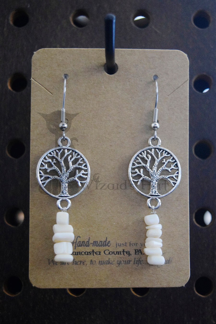Small Silvertone Yggdrasil Tree of Life and Mother of Pearl Stone Chip Drop Earrings