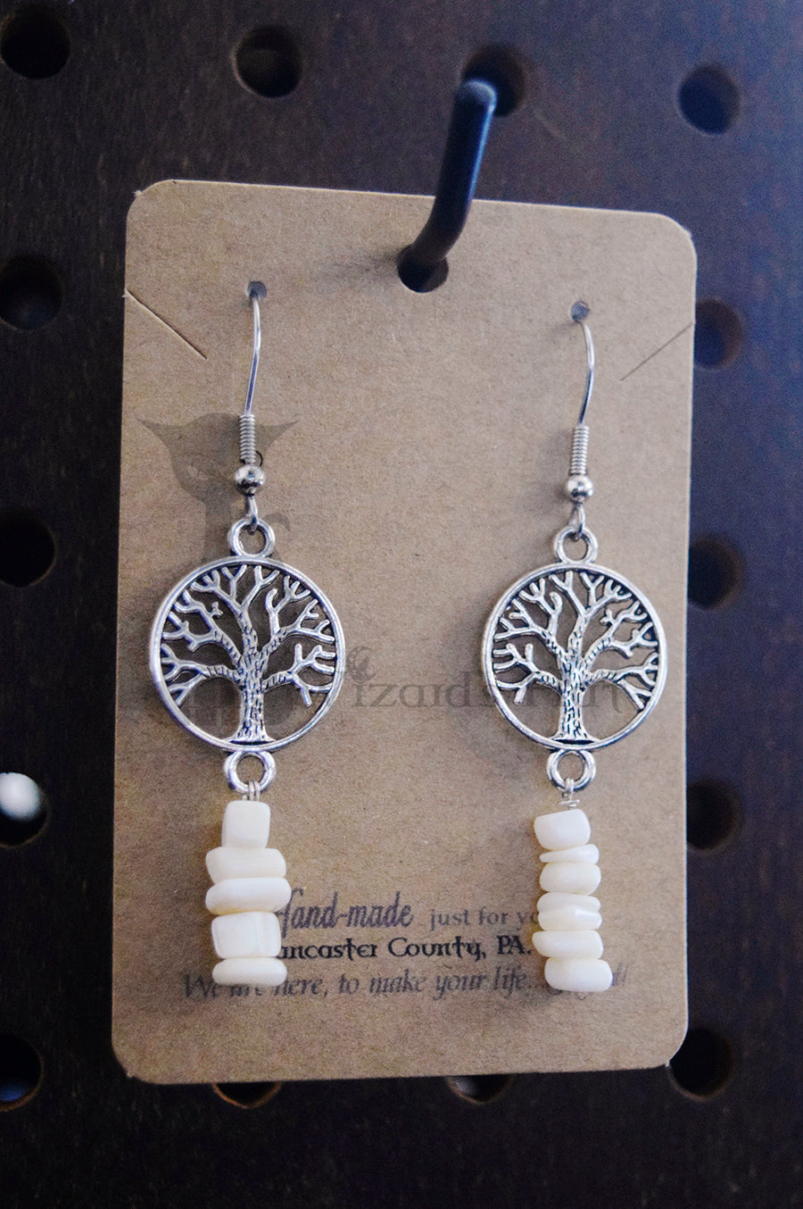 Small Silvertone Yggdrasil Tree of Life and Mother of Pearl Stone Chip Drop Earrings