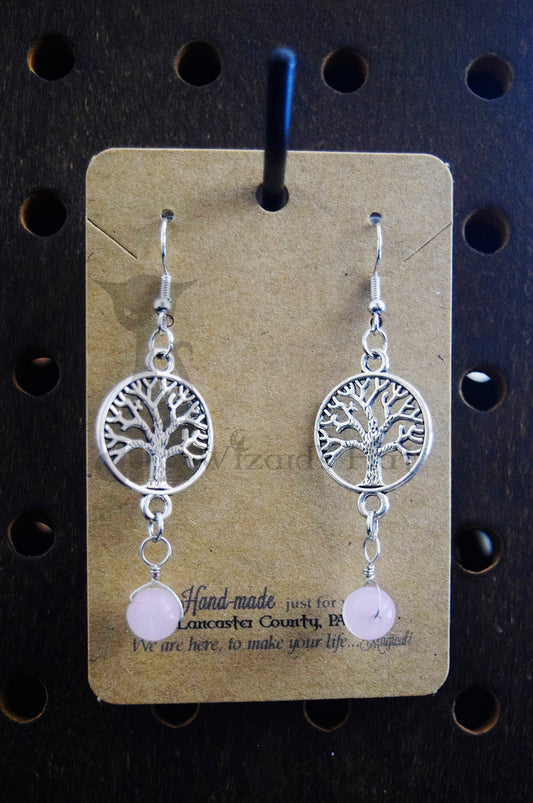 Small Silvertone Yggdrasil Tree of Life Drop Earrings with 8mm Round Rose Quartz Gemstones