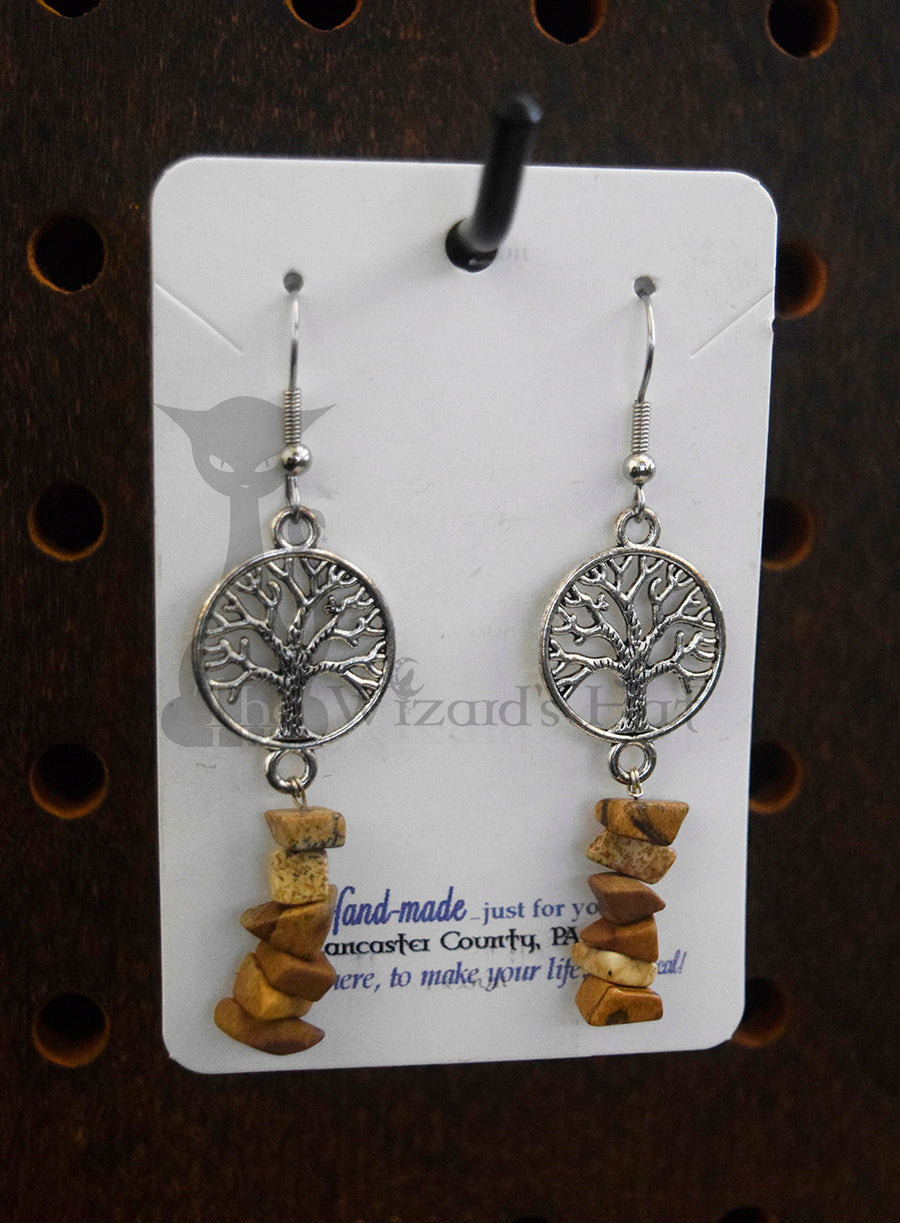 Small Silvertone Yggdrasil Tree of Life and Tiger's Eye Stone Chip Drop Earrings
