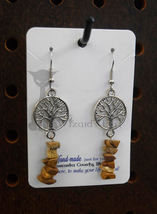 Small Silvertone Yggdrasil Tree of Life and Tiger's Eye Stone Chip Drop Earrings