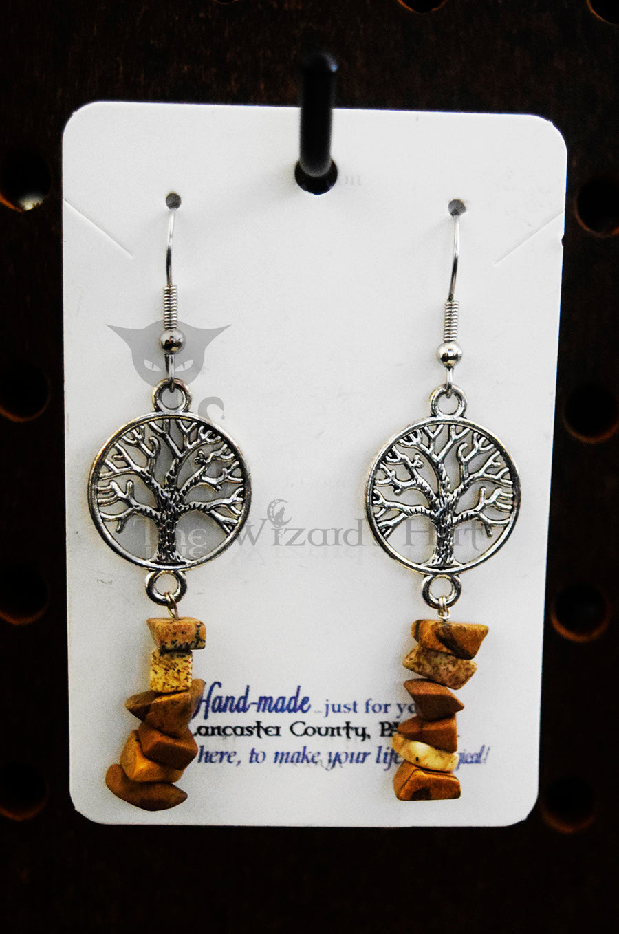 Small Silvertone Yggdrasil Tree of Life and Tiger's Eye Stone Chip Drop Earrings