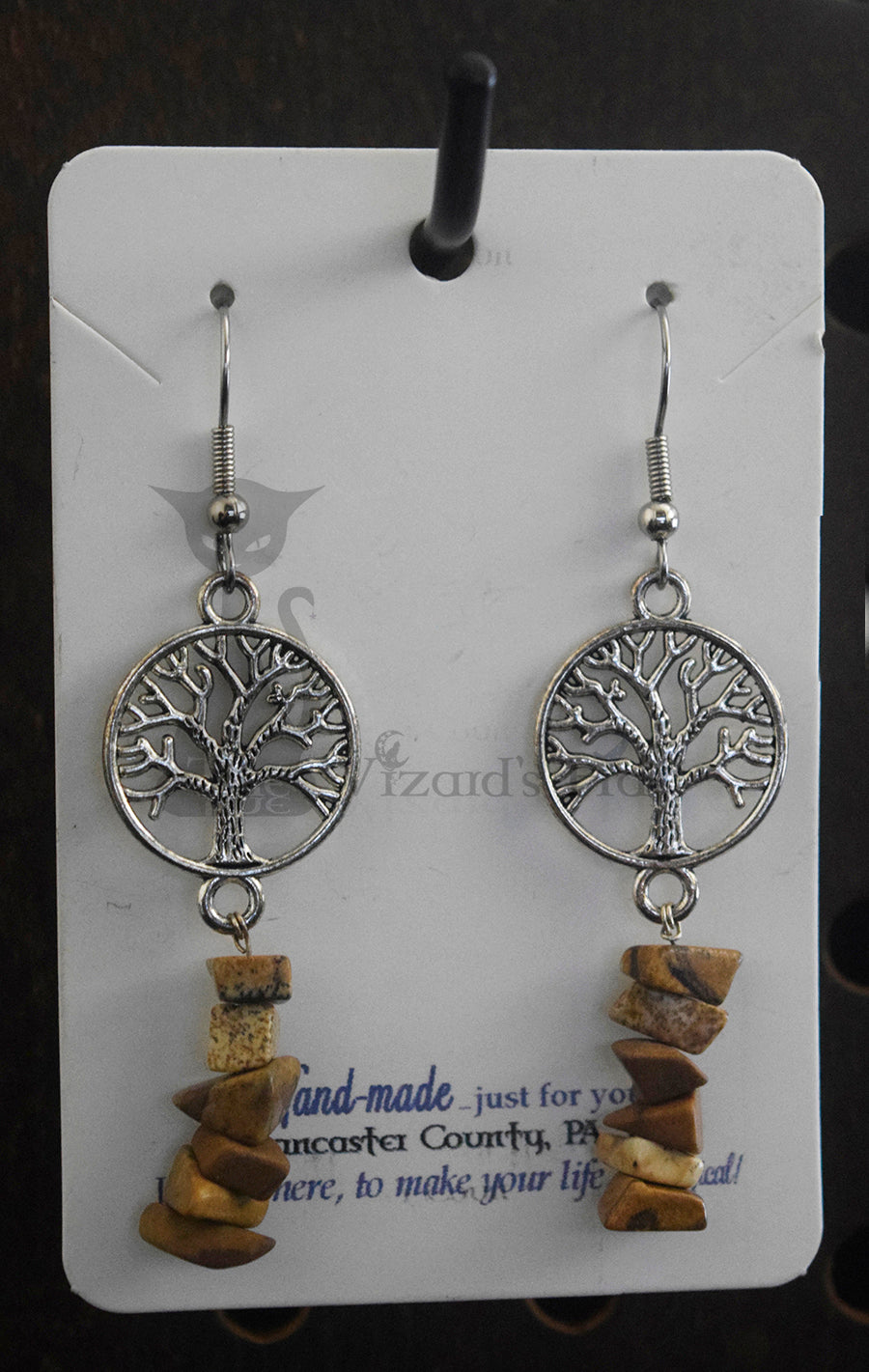 Small Silvertone Yggdrasil Tree of Life and Tiger's Eye Stone Chip Drop Earrings