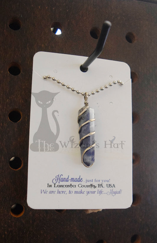 Handcrafted Natural Sodalite Crystal Point Necklace with Spiral Wire Wrap