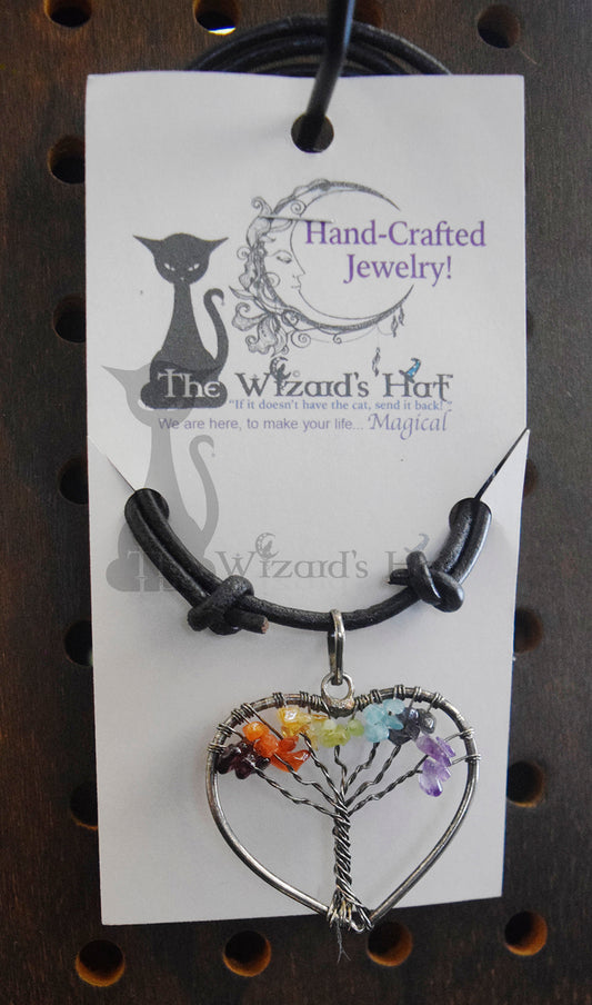 Yggdrasil Tree of Life Heart Necklace with 7 Chakra Healing Stones