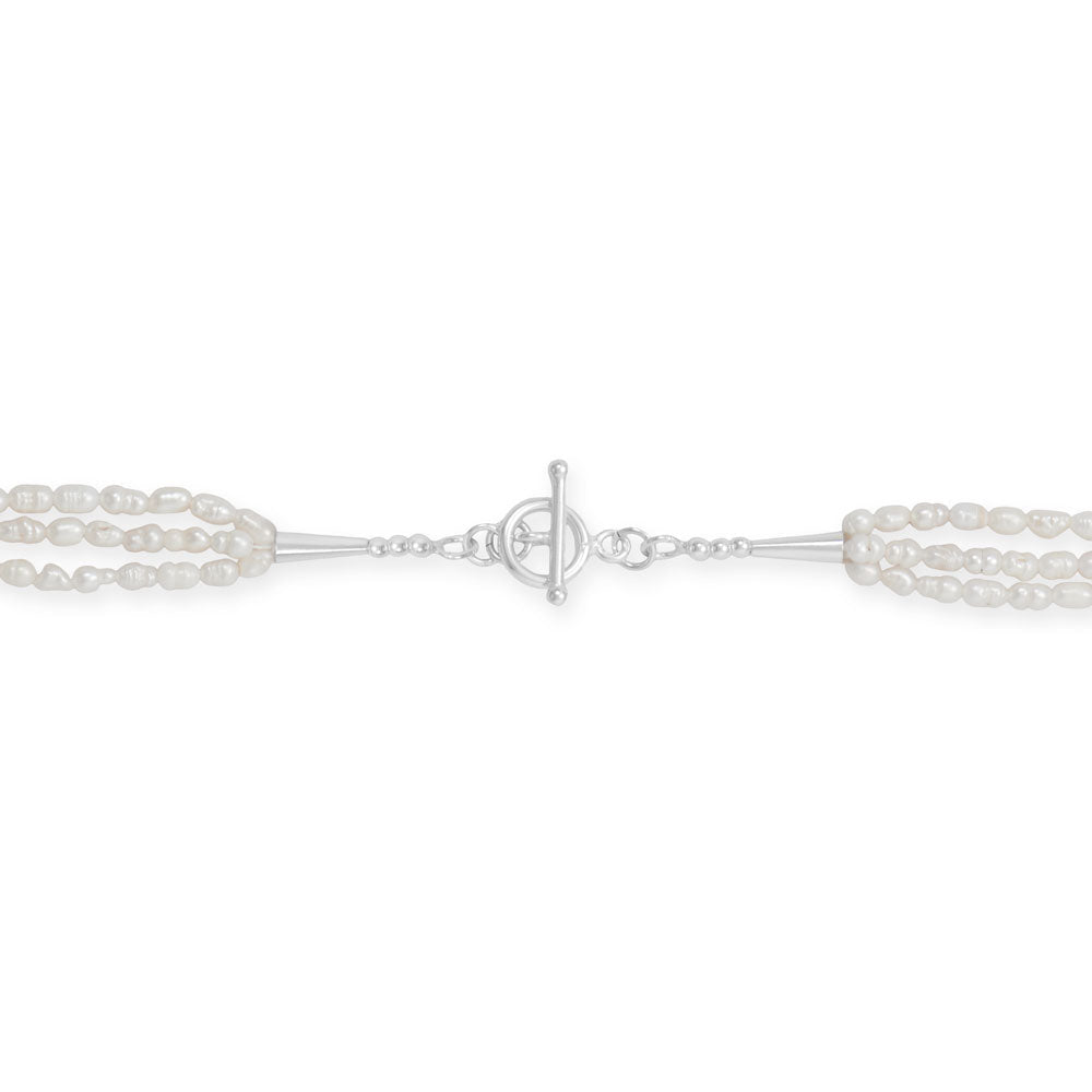 17" Three Strand Crinkly Cultured Freshwater Rice Pearl Toggle Necklace