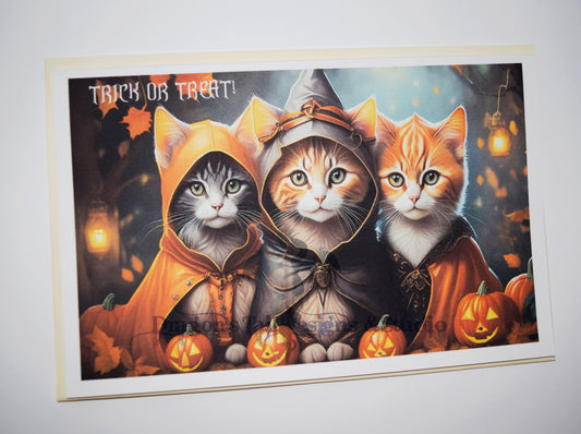 Trick-or-Treat cats, Handcrafted All Occasion Greeting Card, blank inside.