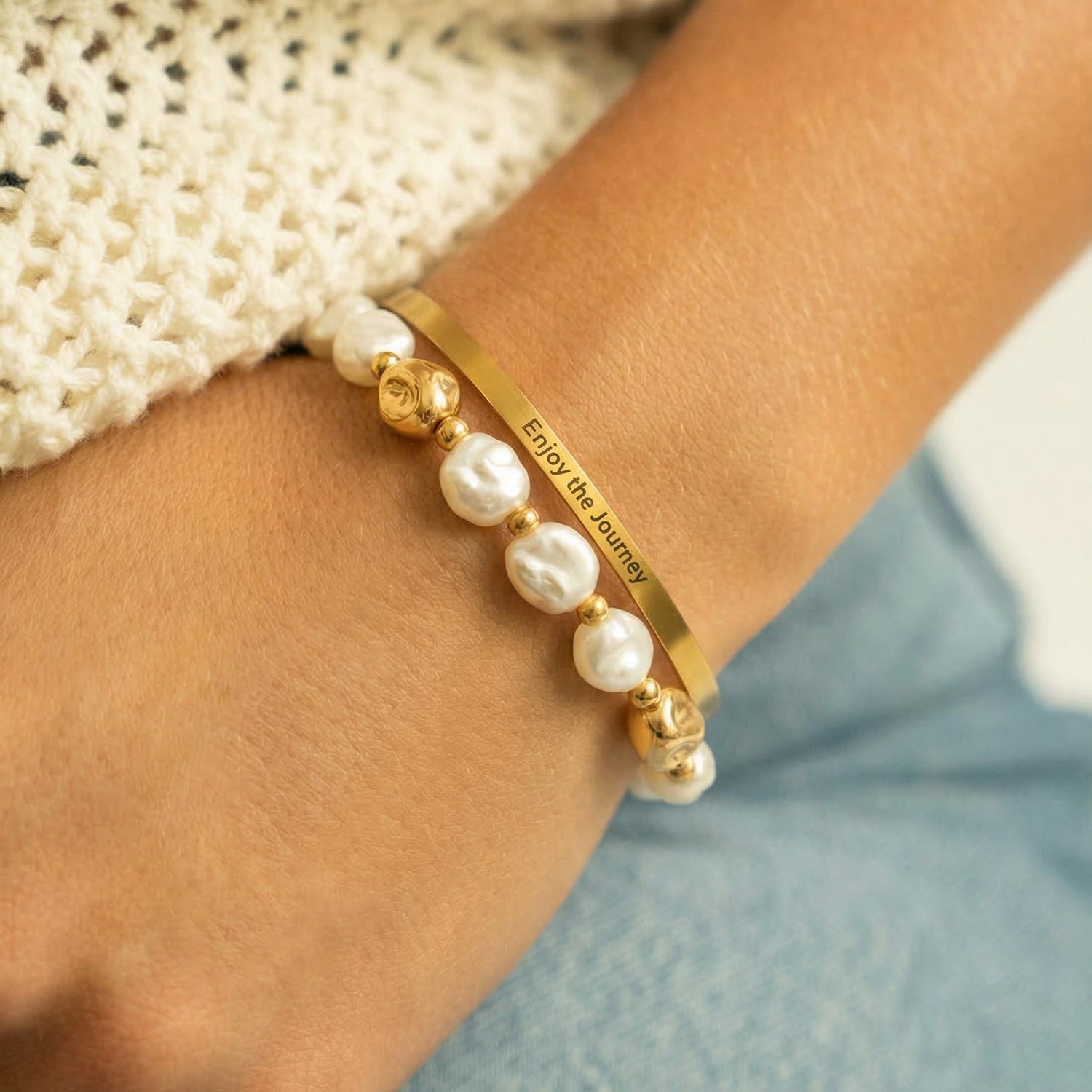 7" Gold Tone Imitation Baroque Pearl Fashion Stretch Bracelet Set