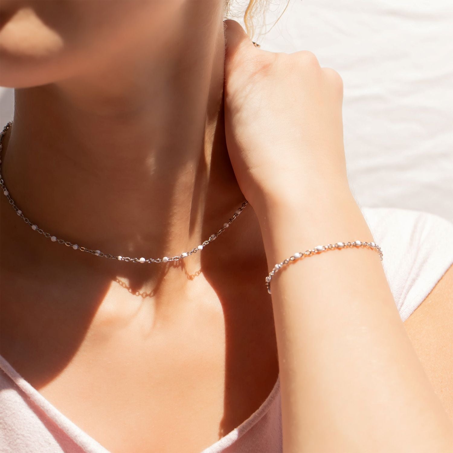 6.5" + 1" Stainless Steel White Confetti Satellite Bracelet