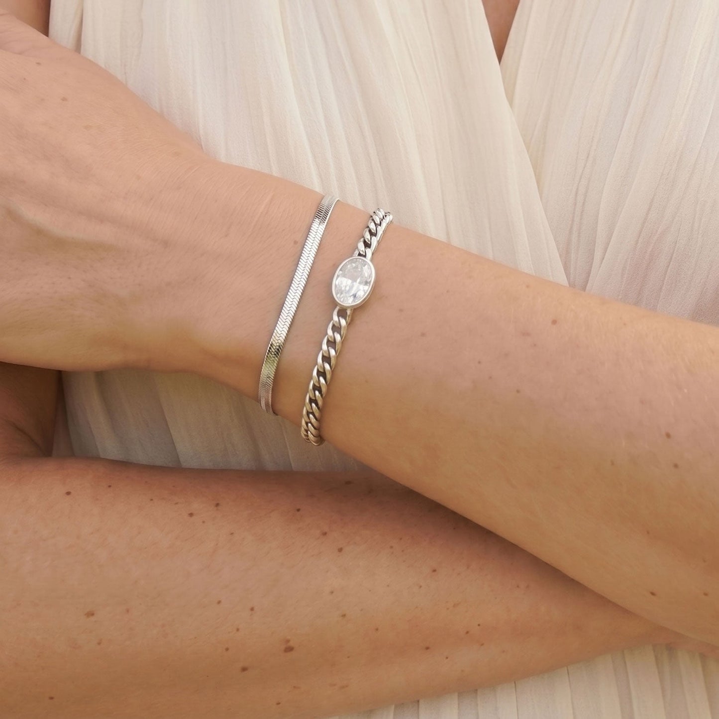 6.5" + 2" Stainless Steel CZ Curb Chain Bracelet