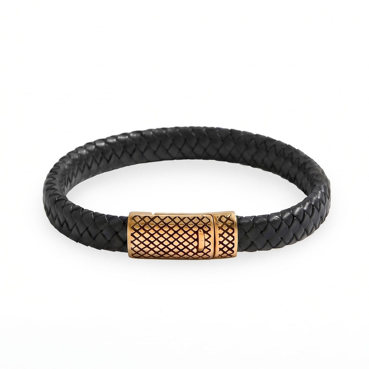 18 Karat Gold PVD Stainless Steel and Braided Leather Magnetic Clasp Men's Bracelet