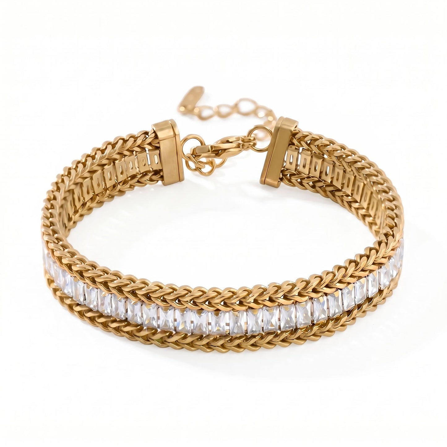 6" + 2" 18 Karat Gold PVD Stainless Steel Baguette CZ Wheat Chain Bracelet