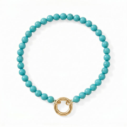 7" 18 Karat Gold PVD Stainless Steel Reconstituted Turquoise Inverted Hinge Bracelet