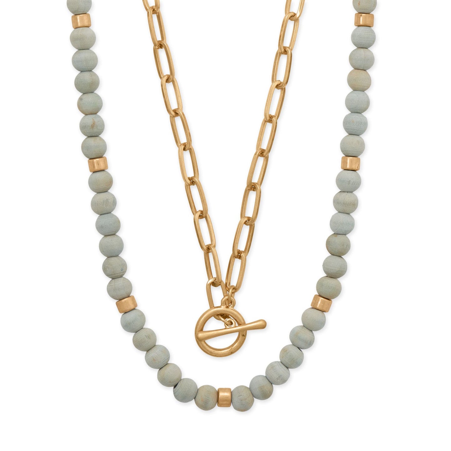 15" + 3" / 17" Wood Bead and Paperclip Style Toggle Fashion Necklace Set