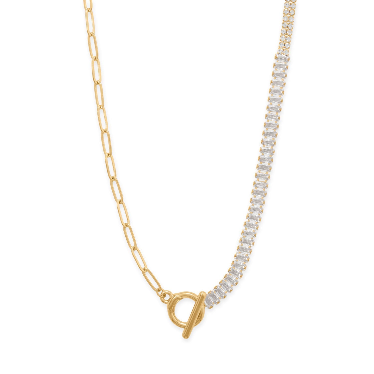 18" Gold Tone Asymmetrical CZ and Paperclip Toggle Fashion Necklace
