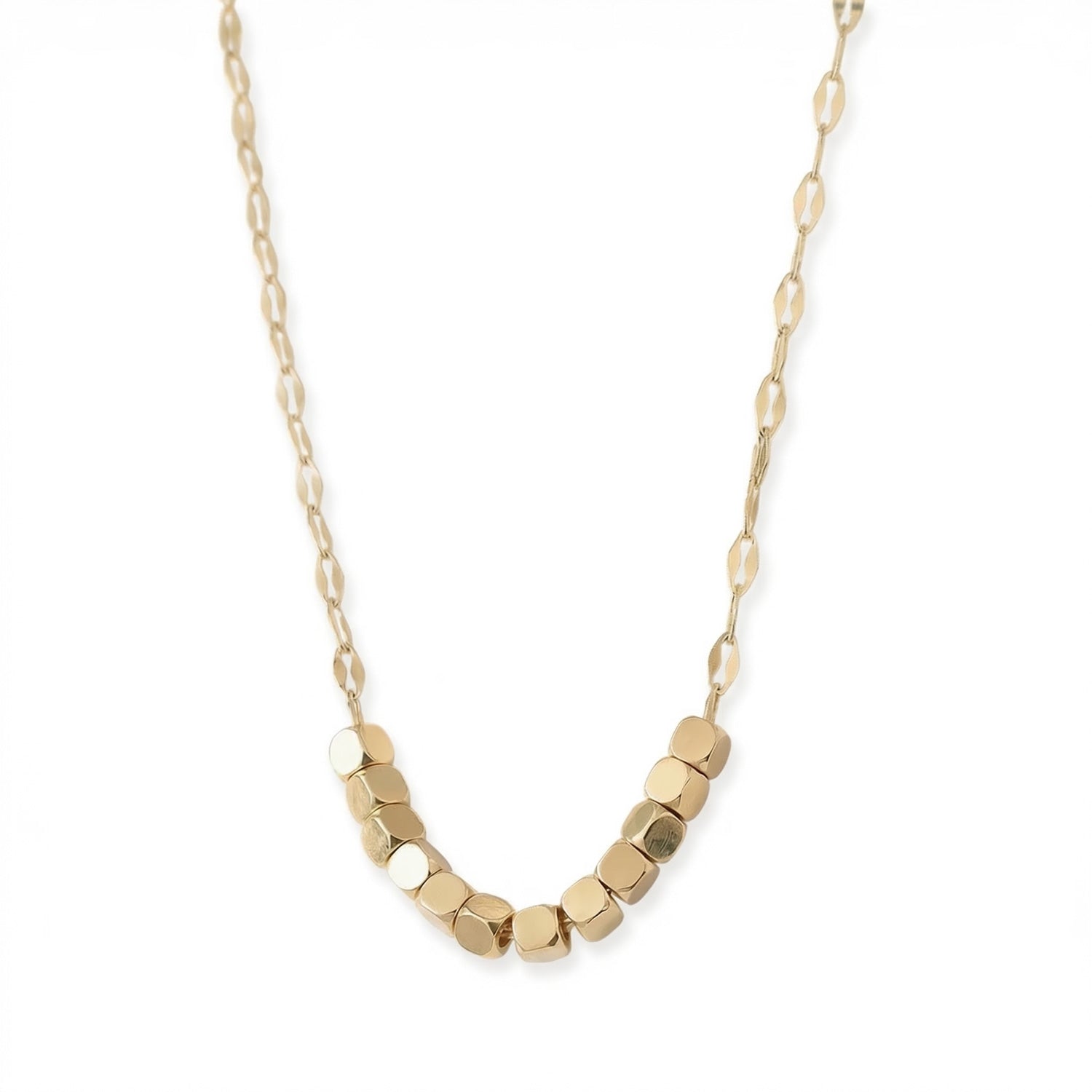 18" + 2" 18 Karat Gold PVD Stainless Steel Brushed Cube Bead Necklace