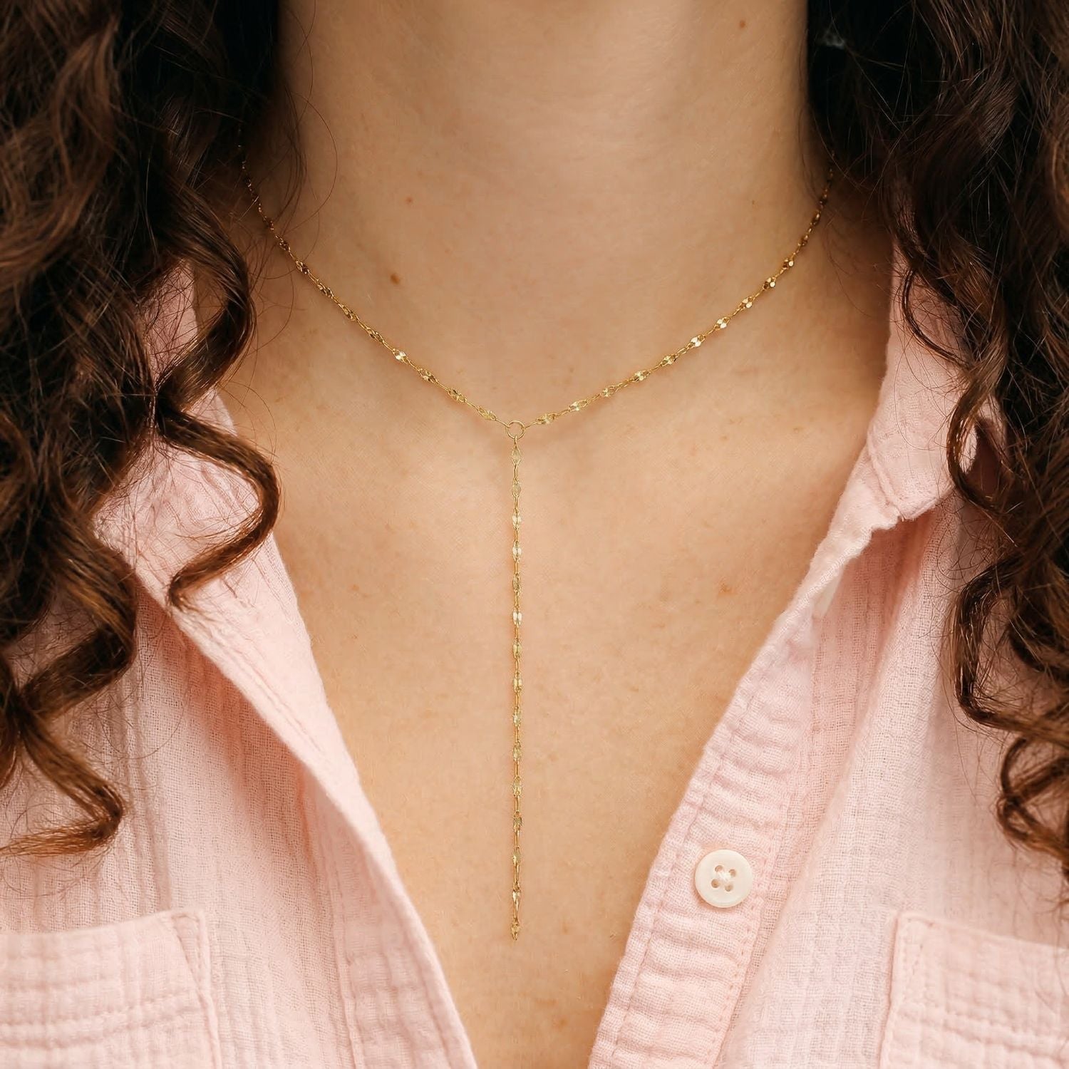 15" 18 Karat Gold PVD Stainless Steel Coffee Chain Y-Drop Necklace