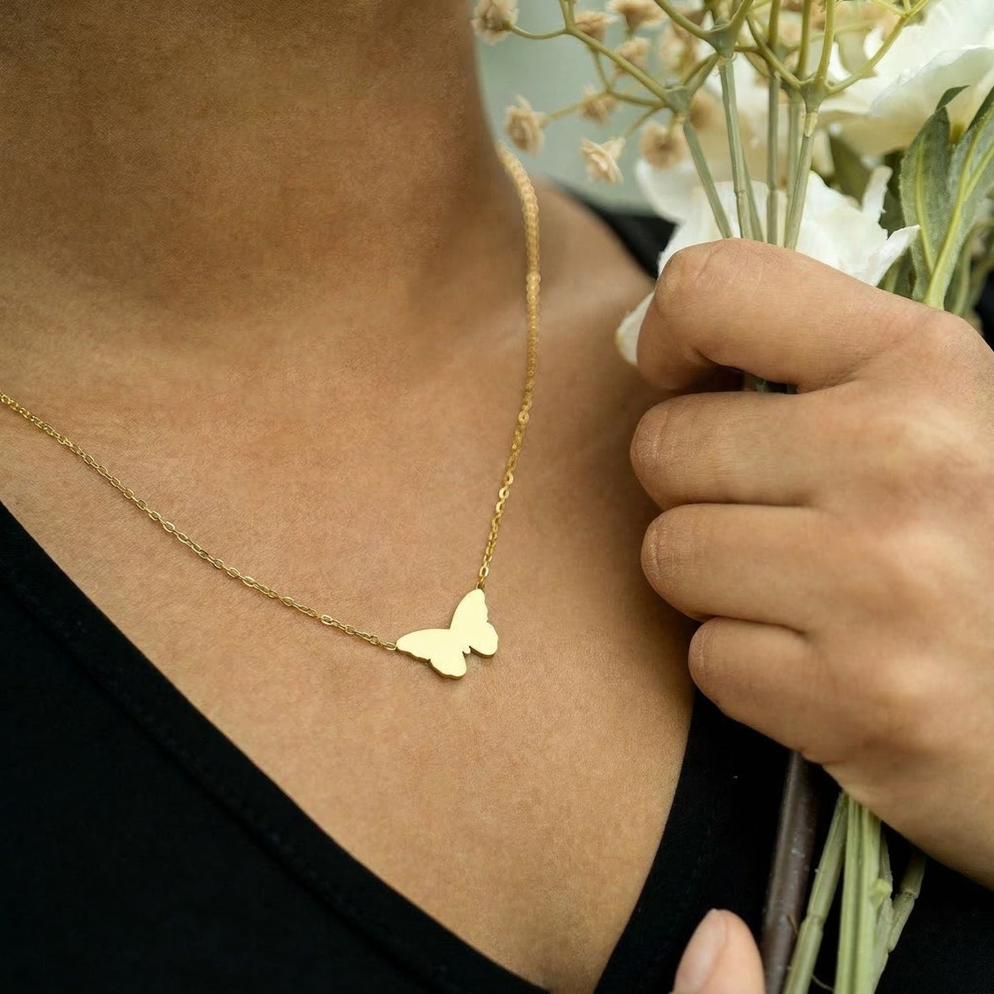 18" + 2" 18 Karat Gold PVD Stainless Steel Butterfly Necklace