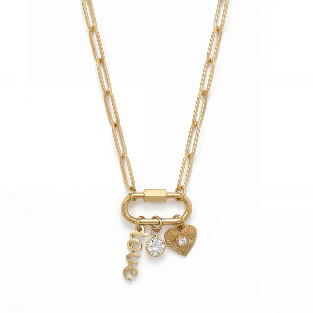 18" + 2" 18 Karat Gold PVD Stainless Steel Carabiner Love Charm Necklace