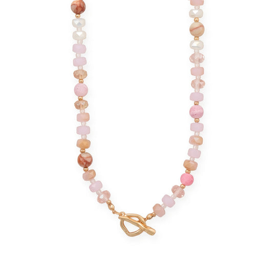 18" Pink Rondell Glass and Picture Jasper Bead Fashion Toggle Necklace