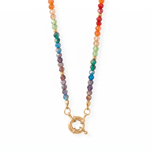 17" Gold Tone Rainbow Glass Bead Fashion Necklace