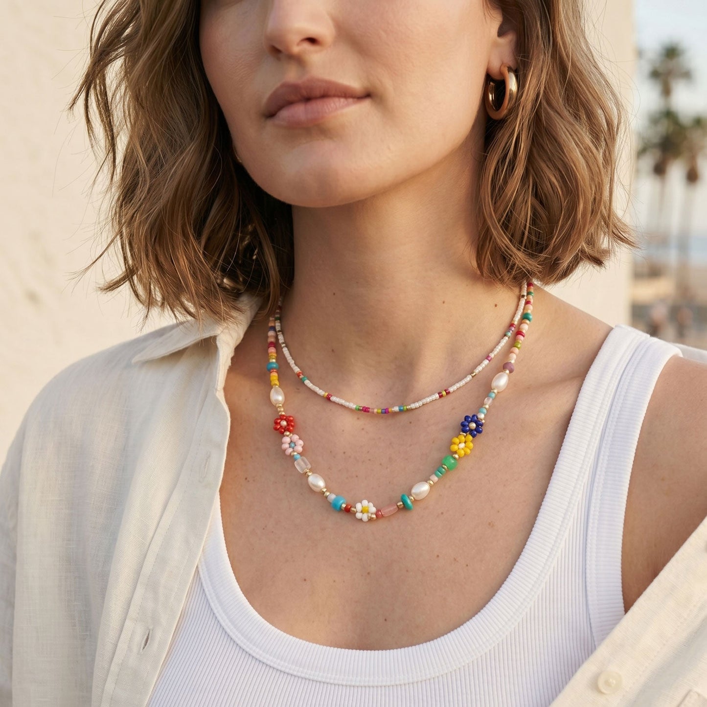 15" + 3" Floral Seed Bead and Imitation Pearl Fashion Necklace