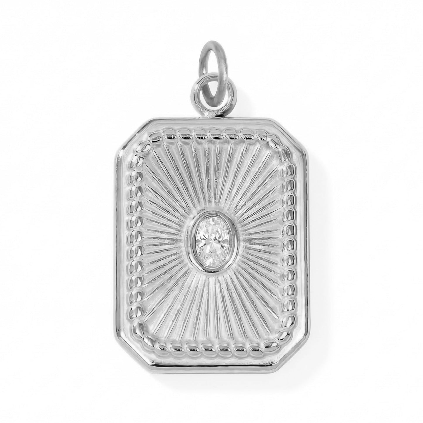 Stainless Steel Crystal Sunburst Rectangular Charm