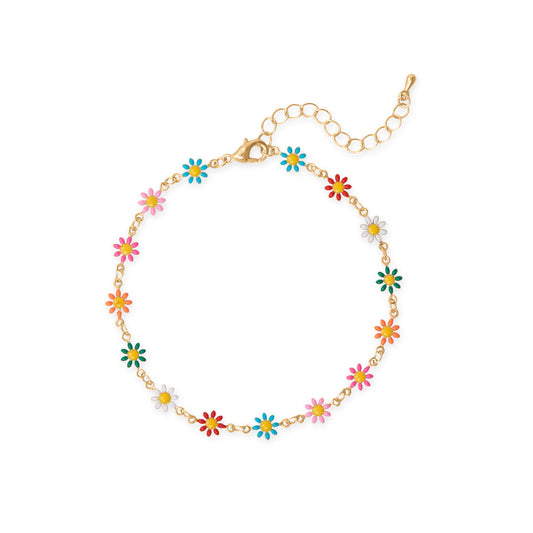 9" + 2" Gold Tone Multicolor Enamel Flower Fashion Anklet