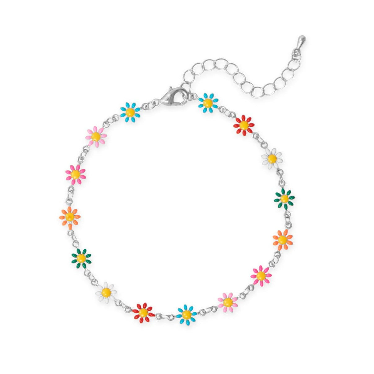 9" + 2" Silver Tone Multicolor Enamel Flower Fashion Anklet