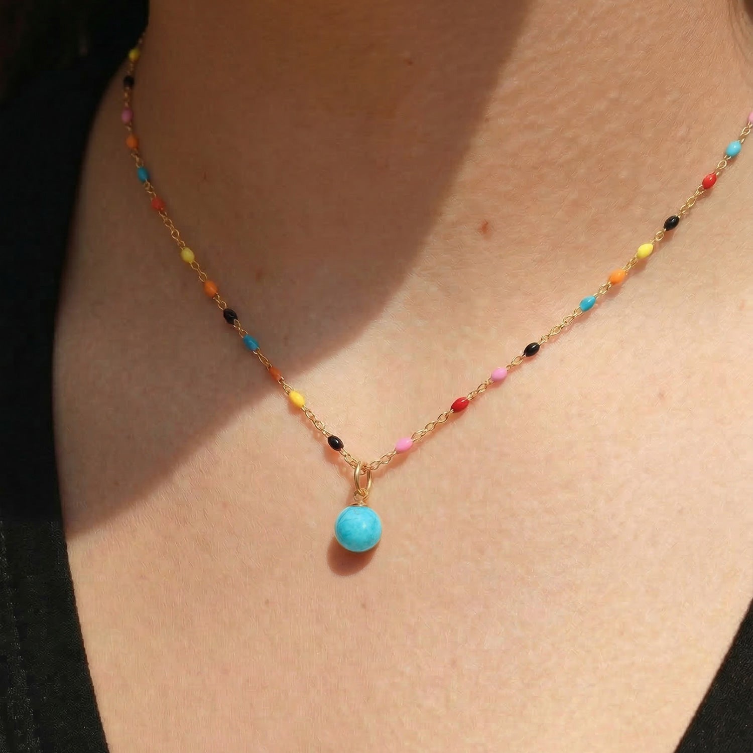 18 Karat Gold PVD Stainless Steel Round Reconstituted Turquoise Charm