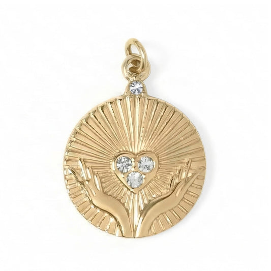 18 Karat Gold PVD Stainless Steel Crystal Open Hands Medallion Charm